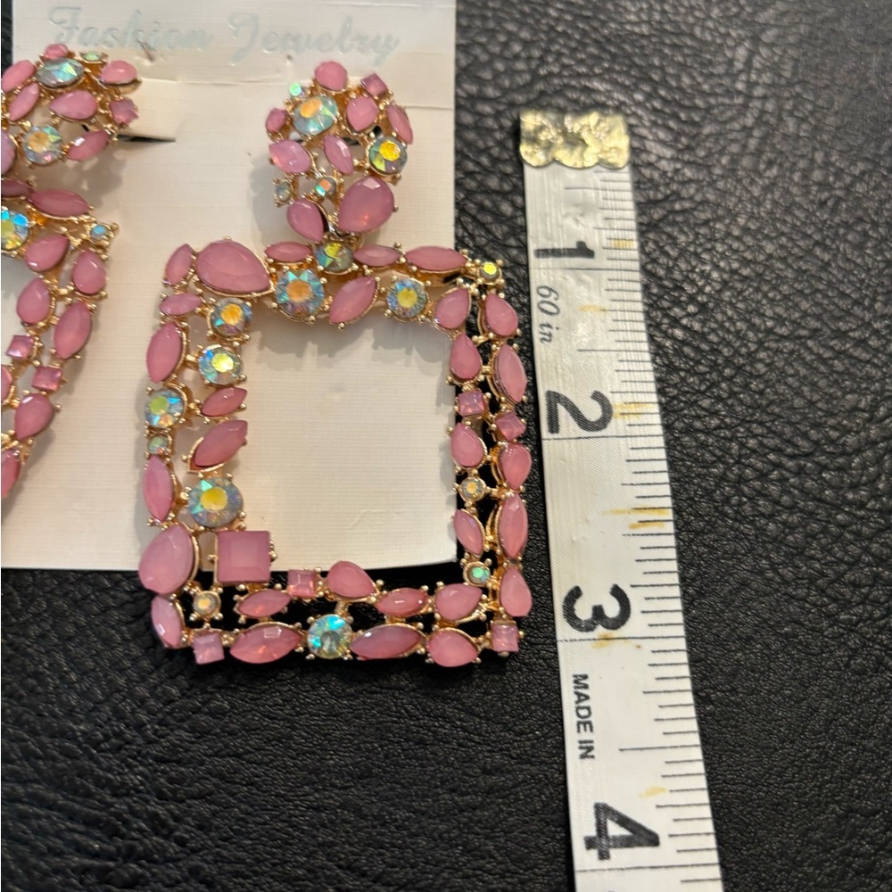 pink and iridescent stone hanging earrings - Picture 4 of 4